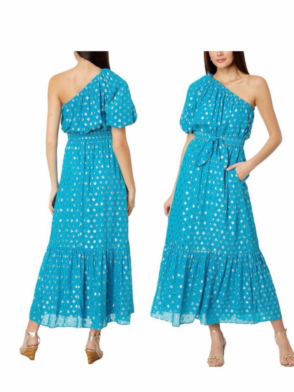 NWT Lilly Pulitzer One-Shoulder Turquoise Maxi Dress with Tie Waist